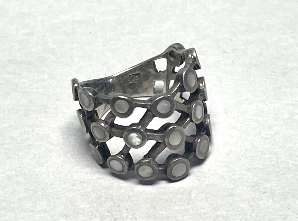 Vintage 925 Sterling Silver Mother of Pearl Openwork Wide Ring Size 6.5 6g